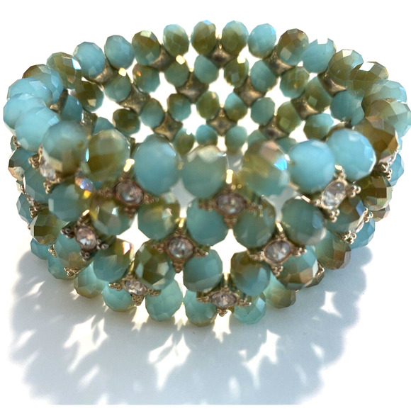 Beaded Stretch Bracelet Thick Aqua Blue Green Faceted beads & white rhinestones - Picture 1 of 7